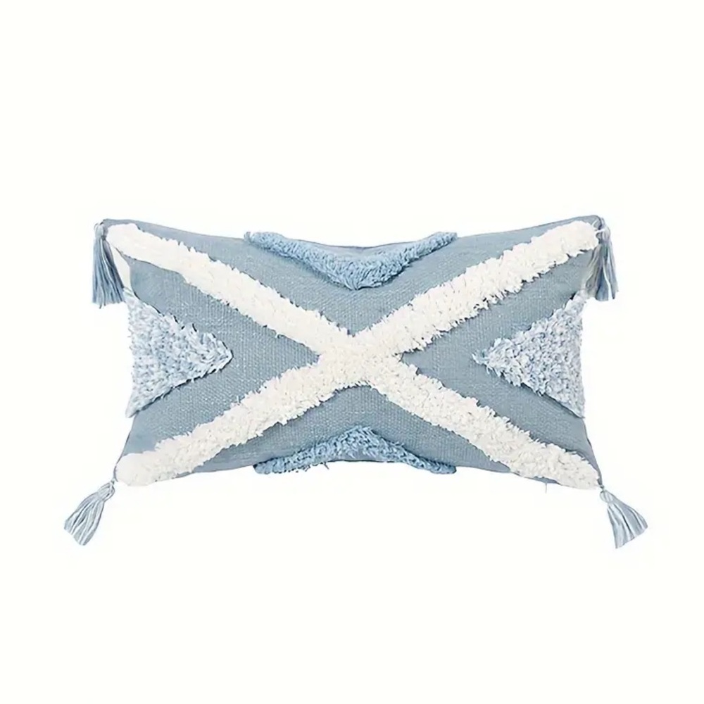 1 - Blue and White Decorative Pillow Cover with Tassels | 12” x 20”